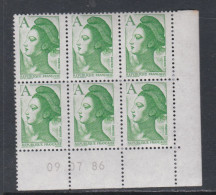 France Type Liberté N° 2423 XX :  A  Vert  En Bloc De 6 Coin Daté Du 09 . 07 . 86 ;   Sans Charnière TB - 1980-1989