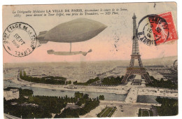 Très Belle CPA 1909 : Le Dirigeable Militaire LA VILLE DE PARIS - Beau Cachet 2ème étage De La Tour EIFFEL - Luchtschepen