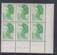 France Type Liberté N° 2424 XX : 1 F. 90  Vert  En Bloc De 6 Coin Daté Du 26 . 06 . 86 ;   Sans Charnière TB - 1980-1989