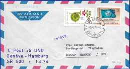 FL 1. Kartenschluss UNO-Genf-Hamburg 1.4.1974 Mit Swissair - Storia Postale