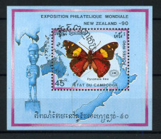 Etat Du Cambodge - Exposition Philatélique Mondiale New Zealand 90 - Block - Gest / Obl / Used - Schmetterlinge