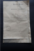 Brevet  Médaille Coloniale 1897  Agrafe Algérie - France