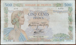 Billet 500 Francs LA PAIX 26 - 9 - 1940 FRANCE  X.972 (cf Photos) - 500 F 1940-1944 ''La Paix''