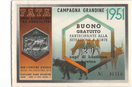 16069 01 FATA FONDO ASSICURATIVO AGRICOLTORI RAVENNA CAMPAGNA GRANDINI 1951  BUONO DI SORTEGGIO BOVINI - Biglietti Della Lotteria