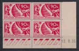 FRANCE - 1936 - N°YT. 326 - Exposition De Paris 90c Rouge - Bloc De 4 Coin Daté - Neuf Luxe** / MNH - 1930-1939