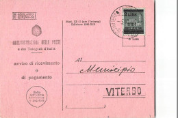 16140 01  LUOGOTENENZA AVVISO DI RICEVIMENTO PAGAMENTO VITERBO MILANO - Storia Postale