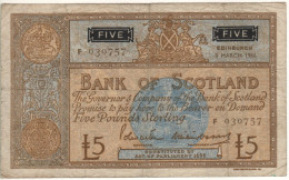 SCOTLAND  5 Pounds    Bank Of Scotland  P106b  Dated 8 March 1966  ( Arms & Saiiing Ship On Back) - 5 Pond