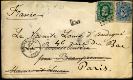 Cover From Bruxelles To Paris - N° 30 + 31 - Lakstempel - 1869-1883 Leopold II.