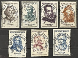YT 1132 à 1138 ° Obl 1957 Copernic Michelange Cervantes Rembrandt Newton Mozart Goethe (côte 6,5€) France – Aff - Used Stamps