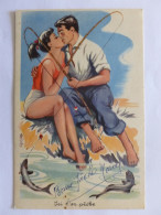 PECHE A LA LIGNE / POISSON - Couple S'embrasse Les Pieds Dans L'eau - Carte Fantaisie Humoristique - Fishing