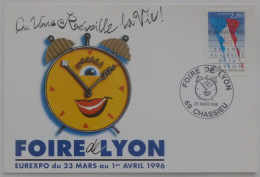 FOIRE DE LYON 1996 - EUREXPO - Horloge / Réveil - Carte Philatélique Avec Timbre ENA Et Cachet FOIRE CHASSIEU - Fairs