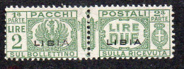 1927-37 Libia Pacco Postale N. 20   2 Lire Verde  Nuovo MLH* Sassone 90 Euro - Libye