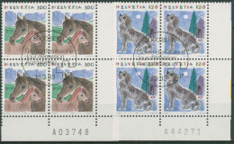Schweiz 1993 Tiere Pferde Hunde 1491/92 4er-Block Mit Bogennummer Gestempelt - Gebruikt