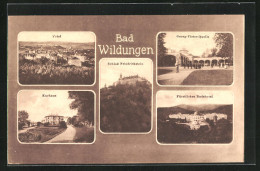 AK Bad Wildungen, Totalansicht, Schloss Friedrichstein, Georg-Victor-Quelle, Fürstliches Badehotel, Kurhaus  - Bad Wildungen