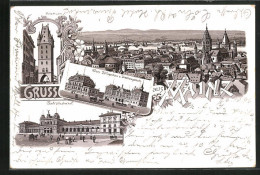 Lithographie Mainz, Ortsansicht, Centralbahnhof, Neues Zolllagerhaus & Directionsgebäude  - Mainz