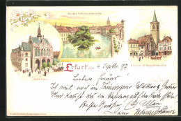 Lithographie Erfurt, Rathaus, An Der Schlossbrücke, Ehemal. St. Aegidienkirche  - Erfurt