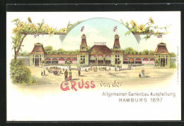 Lithographie Hamburg, Allgemeine Gartenbau-Ausstellung 1897, Cafe Felber  - Exhibitions