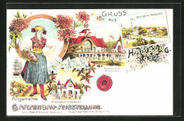 Lithographie Hamburg, Allgemeine Gartenbau-Ausstellung 1897, Dame In Tracht, Ausstellungsgebäude  - Exhibitions