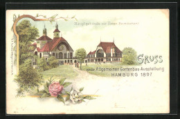 Lithographie Hamburg, Allgemeine Gartenbau-Ausstellung 1897, Hauptgebäude Mit Haupt-Restaurant  - Expositions