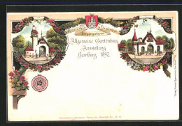 Lithographie Hamburg, Allgemeine Gartenbau-Ausstellung 1897, Eingangstore B. Millerntor & B. Holstentor  - Expositions