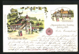 Lithographie Hamburg, Allgemeine Gartenbau-Ausstellung 1897, Weinhütte Im Thal, Pavillon Der Samenhandlung  - Expositions