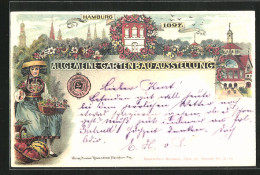 Lithographie Hamburg, Allgemeine Gartenbau-Ausstellung 1897, Ausstellungsgebäude  - Expositions