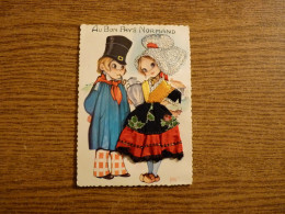 Carte Brodée "Au Bon Pays Normand" - Jeune Couple - Jeune Femme Robe Brodée- 10,2x14,5cm Env. - Brodées