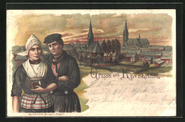 Lithographie Kevelaer, Mann Und Frau In Tracht Mit Blick Zum Ort  - Kevelaer