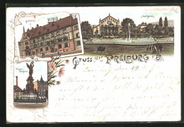 Lithographie Freiburg I. B., Rathaus, Siegesdenkmal Und Stadtgarten  - Freiburg I. Br.