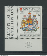 1993 SMOM - PA 47  Convenzione Postale Con Il Canada MNH/** ANGOLO DI FOGLIO - Malta (Orden Von)