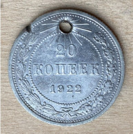 1922 СПБ Russia Circulated .500 Silver Coin 20 Kopeks, With The Hole,Y#82,7205 - Russie
