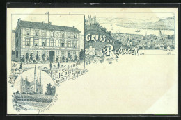 Lithographie Remagen, Hotel Zum Deutschen Kaiser, Apollinaris-Kirche, Panorama  - Remagen