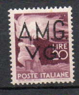 1945-47 AMG VG  Democratica N. 18   20 Lire  Integro MNH** Centrato Sassone 90 Euro - Mint/hinged