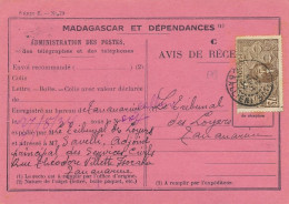 1934 MADAGASCAR N°173 75c SEUL Sur AVIS DE RECEPTION Envoi Recommandé - Tananarive - Lettre Cp CARTE - Covers & Documents