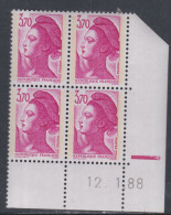 France Type Liberté N° 2486 XX : 3 F. 70 Rose En Bloc De 4 Coin Daté Du 27 . 10 . 87 ;1 Barr Gomme Légèrement Altérée TB - 1980-1989