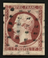 1F Empire Carmin Clair  (n°18f) Obl. GROS POINTS CARRES. Cote 3750€. Timbre Avec Défaut (aminci). Aspect Superbe. - 1853-1860 Napoléon III.