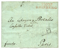 An 10 P.103.P RHINBERG Rouge Sur Lettre Pour PARIS. RARE. Luxe. - 1792-1815: Conquered Departments