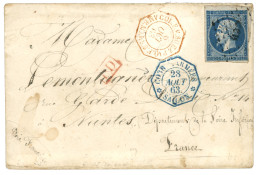 EXPEDITION De COCHINCHINE : 1863 FRANCE 20c (n°14) Obl. CCH + COR. D'ARMEES SAIGON En Bleu Sur Enveloppe Pour La FRANCE. - Marques D'armée (avant 1900)