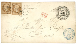 EXPEDITION De COCHINCHINE : 1863 FRANCE 10c (n°13)x2 Obl. CCH + COR. D'ARMEES SAIGON En Bleu + Grand Cachet ETABLISSEMEN - Sellos De La Armada (antes De 1900)