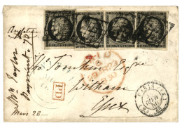 1850 4 Exemplaires Du 20c Noir (n°3) Obl. Grille + PARIS (K) Sur Enveloppe Pour WITHAM (GRANDE-BRETAGNE). Un Timbre File - 1849-1850 Cérès