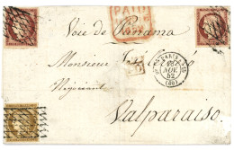 1852 10c (n°1) + 1F (n°6) X2 Tous TB Margés Obl. Grille Sans Fin Sur Lettre De PARIS Pour VALPARAISO (CHILI). Tarif Rare - 1849-1850 Cérès