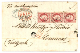 1866 Bande De 3 Du 80c (n°24) Obl. Etoile Sur Lettre De PARIS Pour CARACAS (VENEZUELA). Superbe. - 1863-1870 Napoleone III Con Gli Allori