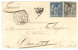 Type SAGE Utilisé En INDOCHINE : 1878 FRANCE 15c + 25c SAGE Obl. CORR. D' ARMEES SAIGON + Cachet T Annulé Sur Enveloppe  - 1876-1898 Sage (Tipo II)