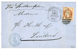 1869 40c (n°31) Obl. Killer Anglais 723 + SOUTHAMPTON /FRANCE/ M.B. Sur Lettre Du HAVRE Pour L' ANGLETERRE. Signé CALVES - Posta Marittima