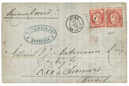 1873 80c CERES (n°57)x2 Obl. ANCRE + LIGNE J PAQ. FR. N°5 Sur Lettre De BORDEAUX Pour RIO DE JANEIRO (BRESIL). Double Po - Maritieme Post