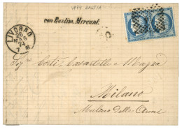 CORSE - POSTE MARITIME : 1874 25c CERES (x2) Pd Obl. Cachet Italien 14 + LIVORNO + CON BASTIM. MERCANT. Sur Lettre Sans  - Correo Marítimo