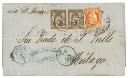 1876 40c SIEGE (n°38) + Paire 30c SAGE Type I (n°69) Obl. LA GUAYRA Sur Lettre Pour MALAGA (ESPAGNE). Superbe Qualité. - Poste Maritime