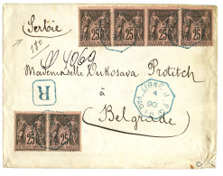 LIGNE J Pour LA SERBIE : 1890 25c SAGE (6) Obl. LIGNE J PAQ FR N°3 Sur Enveloppe RECOMMANDEE (5éme échelon De Poids) Pou - Posta Marittima