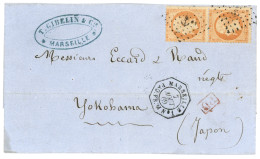 LIGNE M + LIGNE S Pour YOKOHAMA : 1869 Paire 40c (n°23) Obl. ANCRE + Trés Rare Cachet MARSEILLE PAQ. FR. M N°1 Sur Lettr - 1849-1876: Periodo Classico