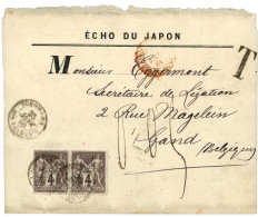 YOKOHAMA - Tarif à 8c Taxé : 1880 4c SAGE (n°88)x2 Obl. YOKOHAMA Bau FRANCAIS + T + Taxe "0,05c" Sur Bande D' IMPRIME (E - 1849-1876: Klassik